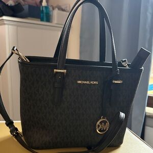Michael Kors Black Signature Shoulder Jet Set small Tote with Gold Accents